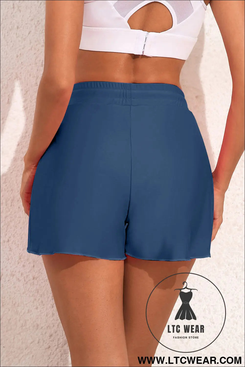 Blue solid color 2-in-1 drawstring elastic waist swim shorts - swim bottoms