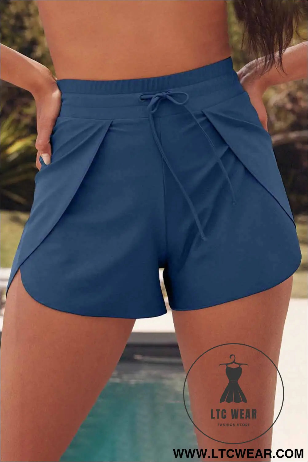 Blue solid color 2-in-1 drawstring elastic waist swim shorts - blue-2 / l / 82% polyamide + 18% elastane - swim bottoms