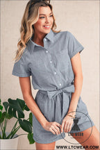 Blue stripe chest pockets buttoned belted high waist romper - 15%