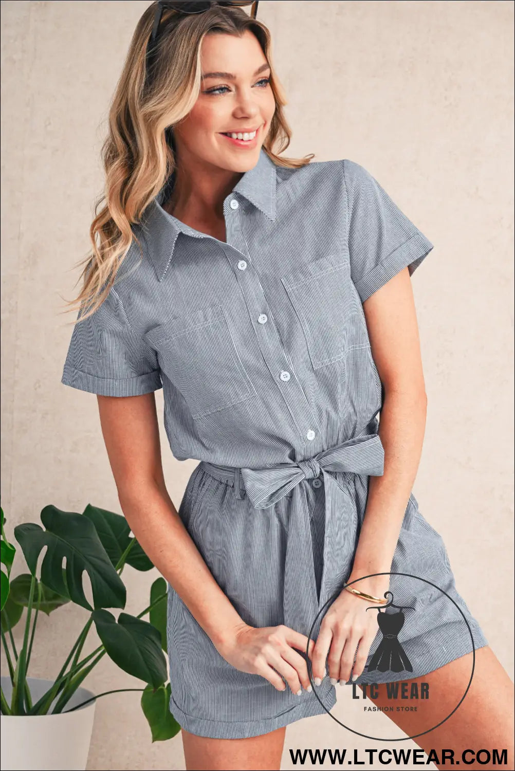 Blue stripe chest pockets buttoned belted high waist romper - 15%