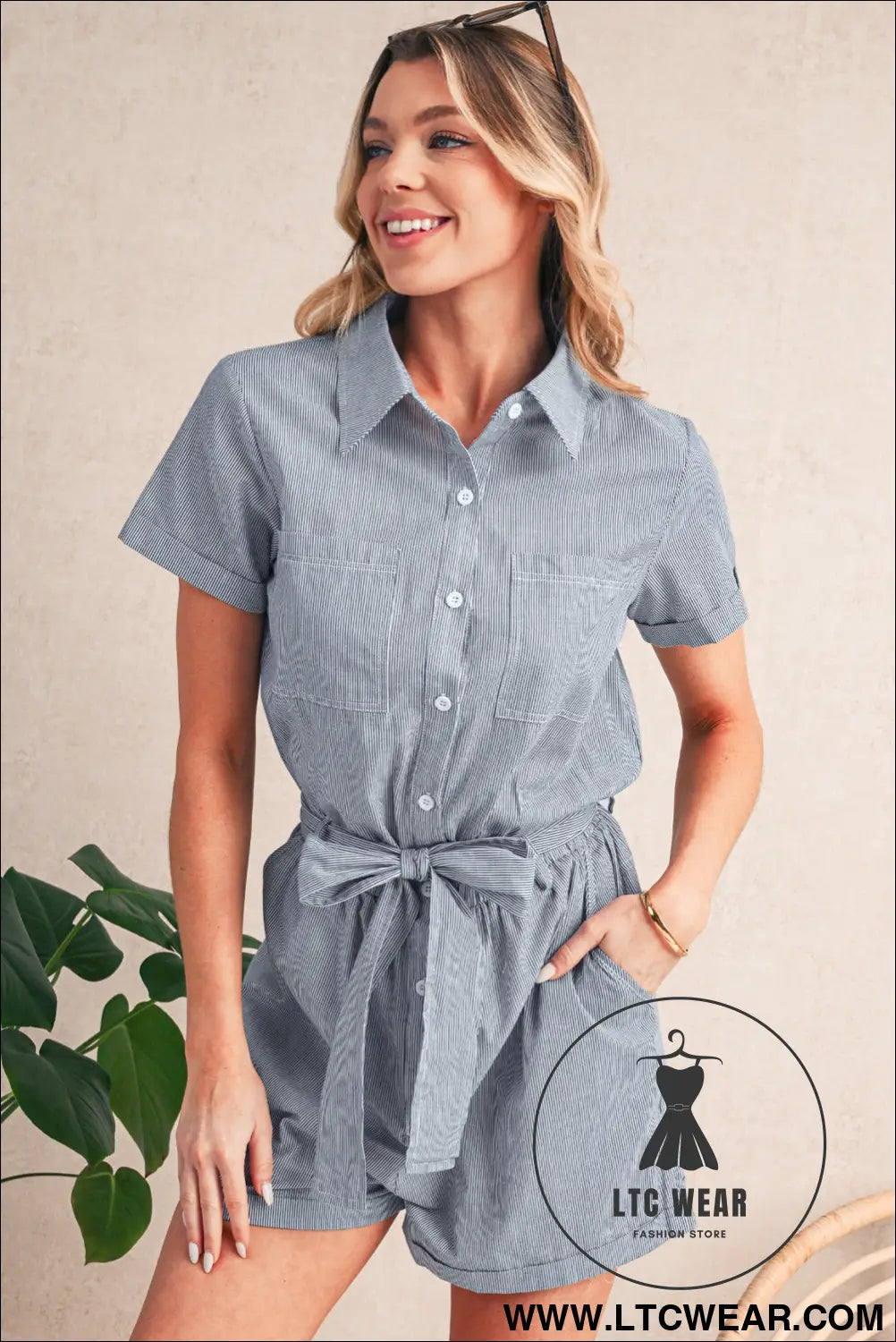 Blue stripe chest pockets buttoned belted high waist romper - 15%