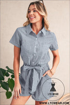 Blue stripe chest pockets buttoned belted high waist romper - 15%