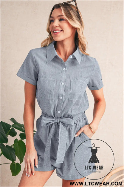 Blue stripe chest pockets buttoned belted high waist romper - 15%
