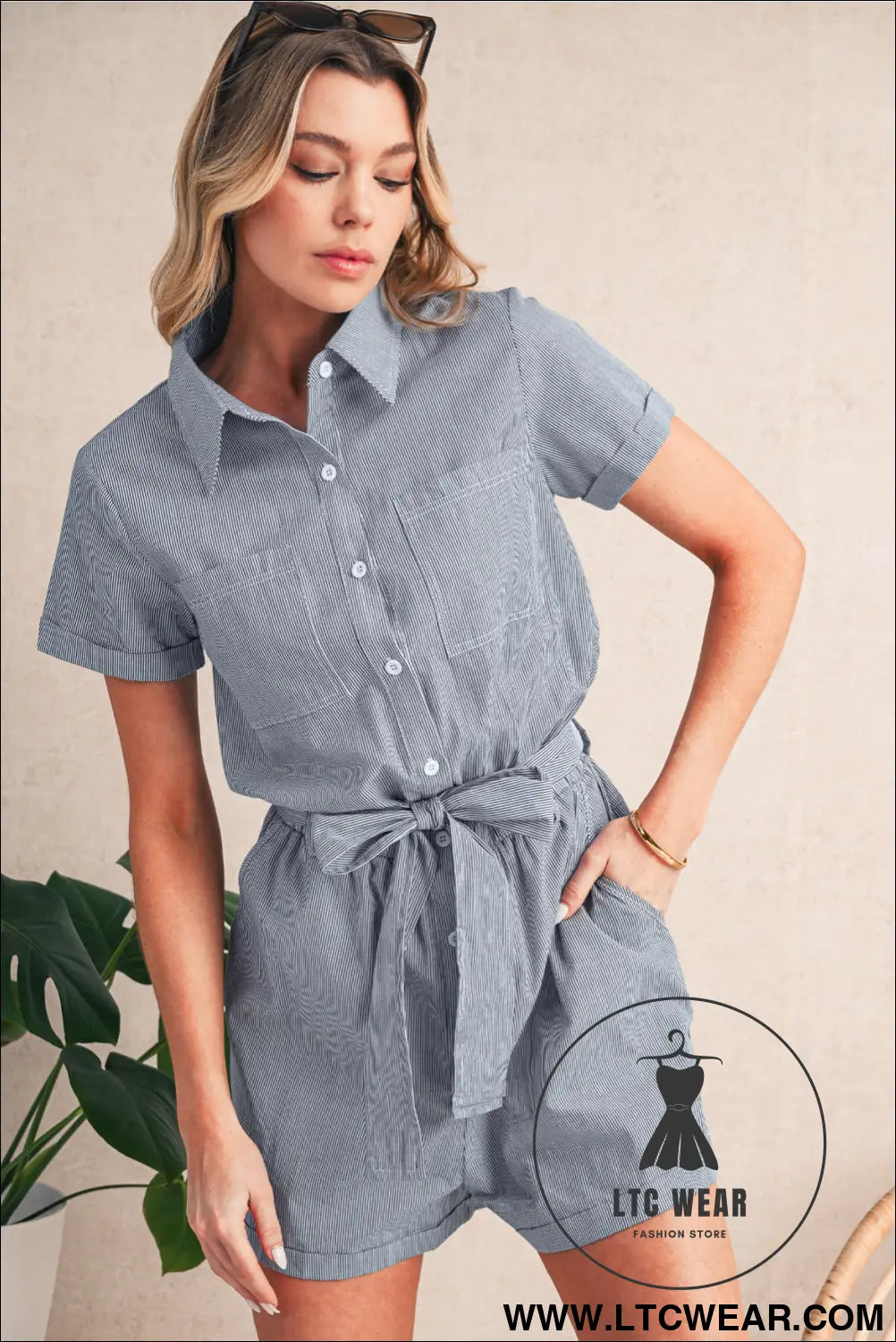 Blue stripe chest pockets buttoned belted high waist romper - 15%