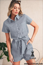 Blue stripe chest pockets buttoned belted high waist romper - 15%