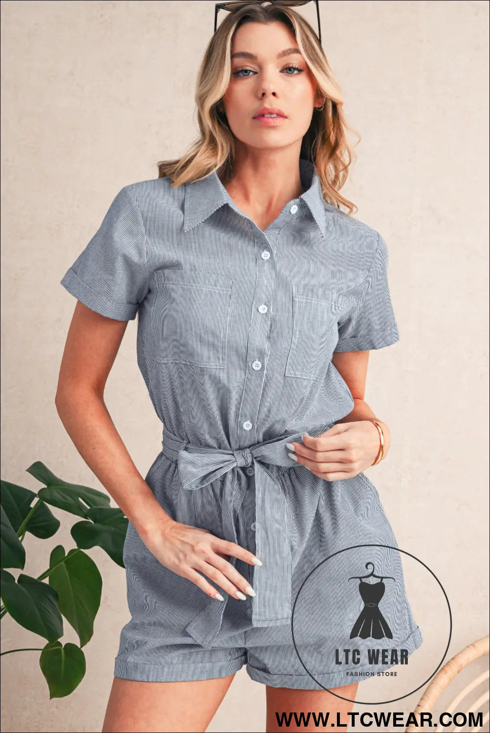 Blue stripe chest pockets buttoned belted high waist romper - 15%