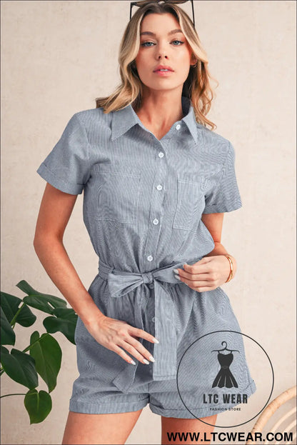 Blue stripe chest pockets buttoned belted high waist romper - 15%