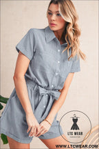 Blue stripe chest pockets buttoned belted high waist romper - 15%