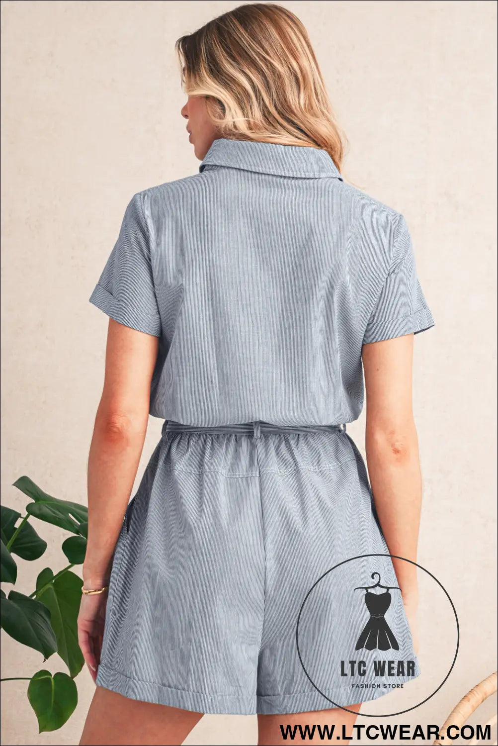 Blue stripe chest pockets buttoned belted high waist romper - 15%