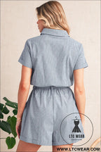 Blue stripe chest pockets buttoned belted high waist romper - 15%