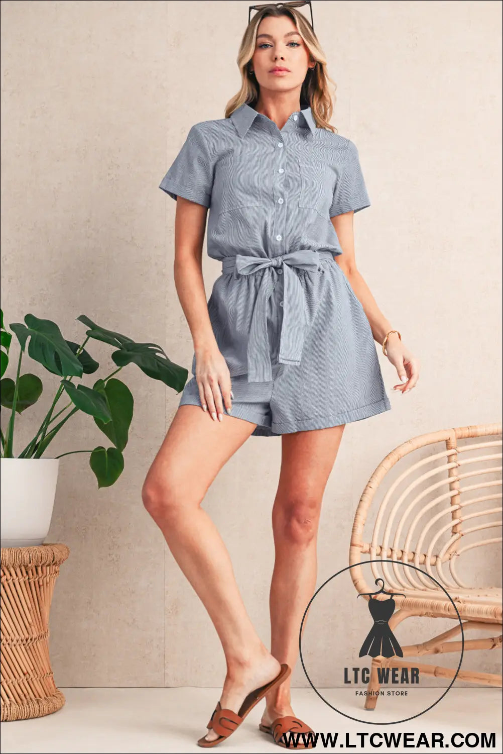 Blue stripe chest pockets buttoned belted high waist romper - 15%