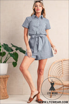 Blue stripe chest pockets buttoned belted high waist romper - 15%