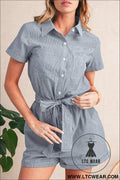 Blue stripe chest pockets buttoned belted high waist romper - blue stripe / l / 100% cotton - 15%