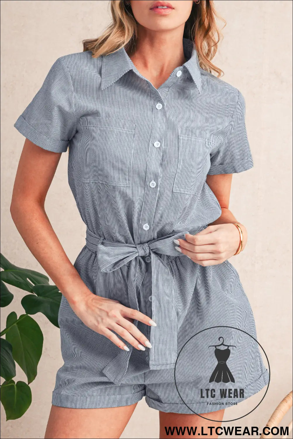 Blue stripe chest pockets buttoned belted high waist romper - blue stripe / l / 100% cotton - 15%