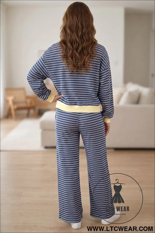 Blue Stripe Color Block Patchwork Zip V Neck Pullover Loose Pants 2pcs Set