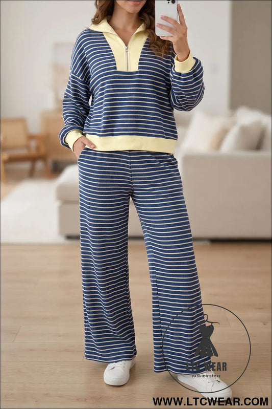Blue Stripe Color Block Patchwork Zip V Neck Pullover Loose Pants 2pcs Set