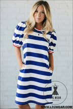Blue stripe contrast trim round neck short puff sleeve shift mini dress - mini dresses