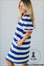Blue stripe contrast trim round neck short puff sleeve shift mini dress - mini dresses