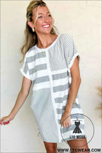 Blue Stripe Patchwork Mini Shift Dress