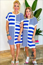 Blue Stripe Patchwork Mini Shift Dress