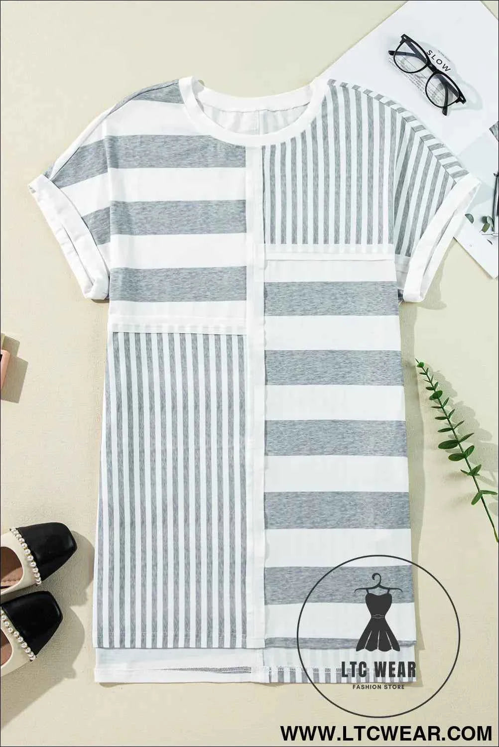 Blue Stripe Patchwork Mini Shift Dress