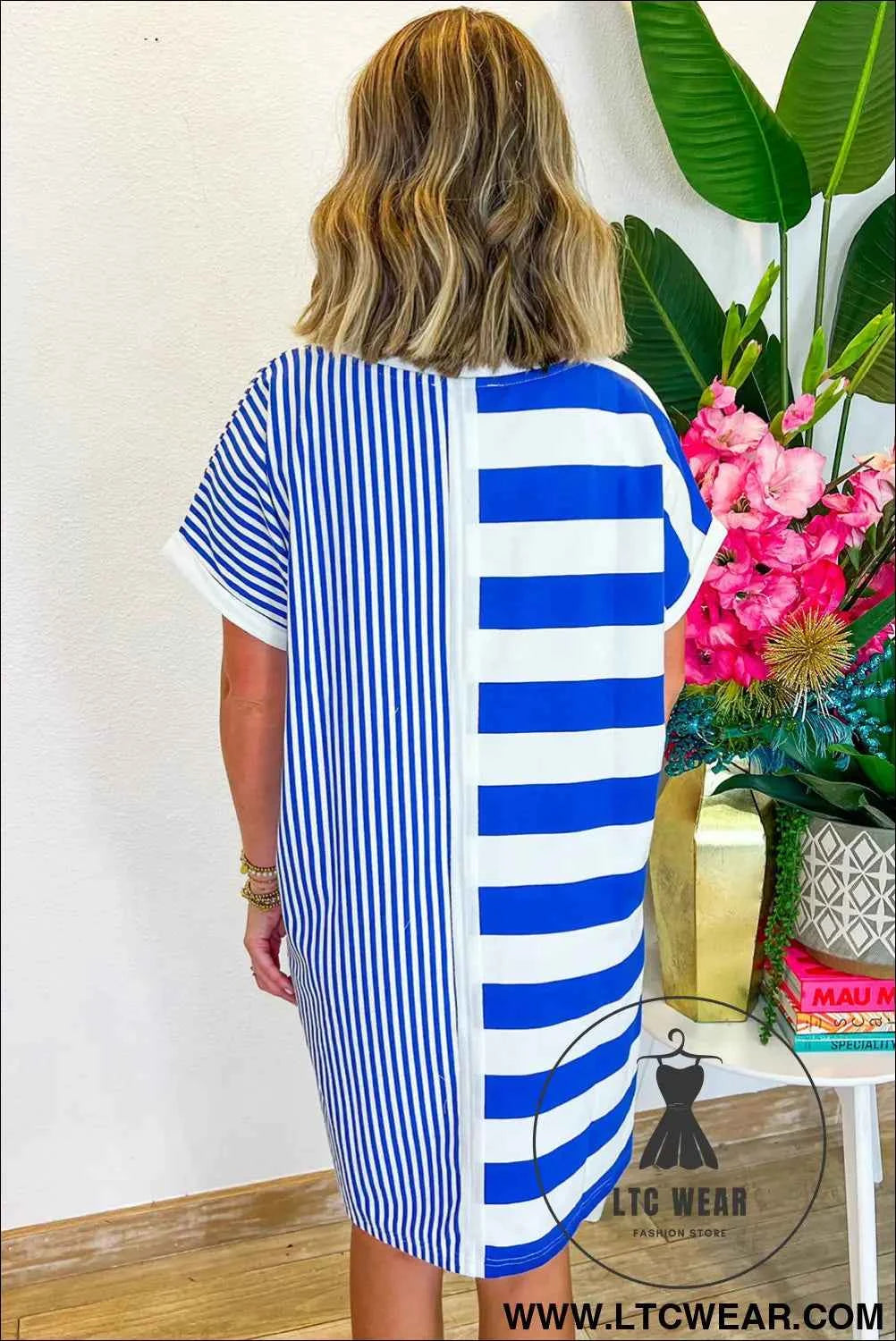 Blue Stripe Patchwork Mini Shift Dress