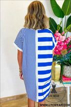 Blue Stripe Patchwork Mini Shift Dress