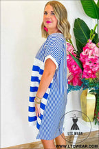 Blue Stripe Patchwork Mini Shift Dress