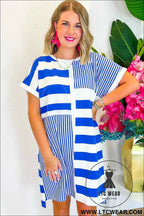 Blue Stripe Patchwork Mini Shift Dress