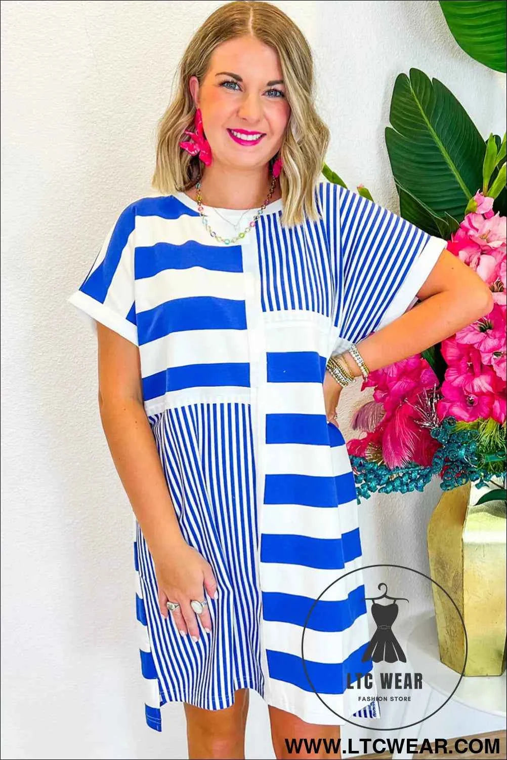 Blue Stripe Patchwork Mini Shift Dress