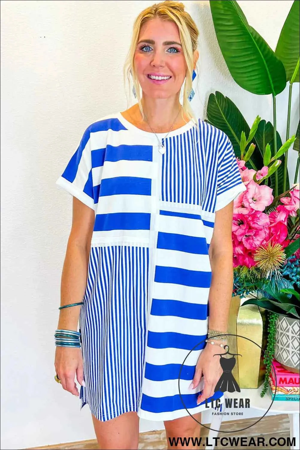 Blue Stripe Patchwork Mini Shift Dress