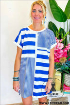 Blue Stripe Patchwork Mini Shift Dress