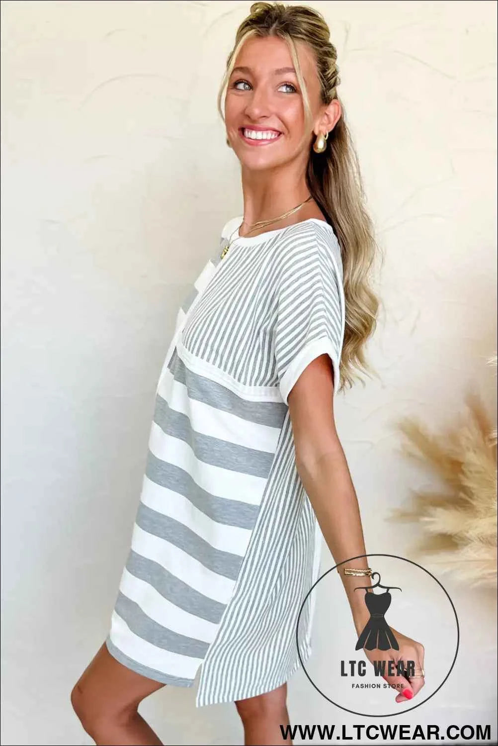 Blue Stripe Patchwork Mini Shift Dress