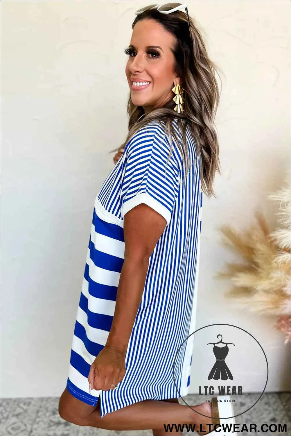 Blue Stripe Patchwork Mini Shift Dress