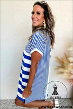 Blue Stripe Patchwork Mini Shift Dress
