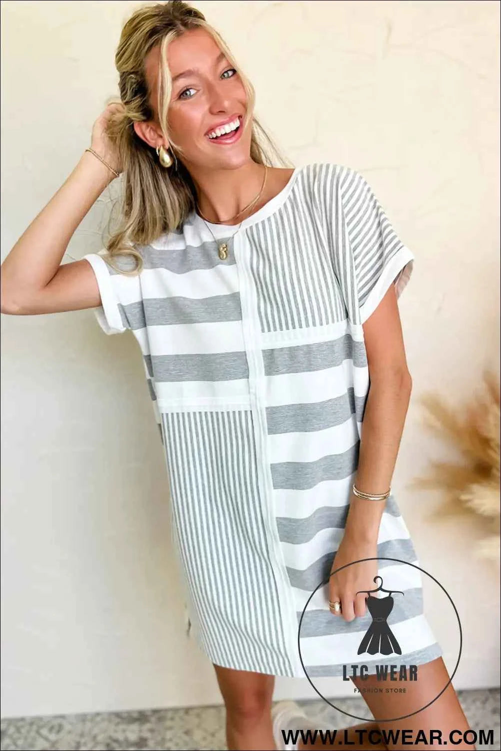 Blue Stripe Patchwork Mini Shift Dress