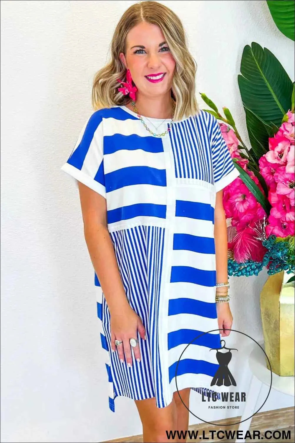 Blue Stripe Patchwork Mini Shift Dress