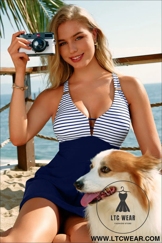 Blue stripe patchwork crossed straps one piece swim dress - swim dresses