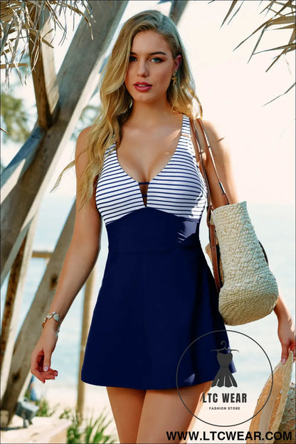 Blue stripe patchwork crossed straps one piece swim dress - swim dresses
