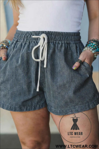 Blue Stripe Plus Size Contrast Drawstring Elastic Waist Denim Shorts
