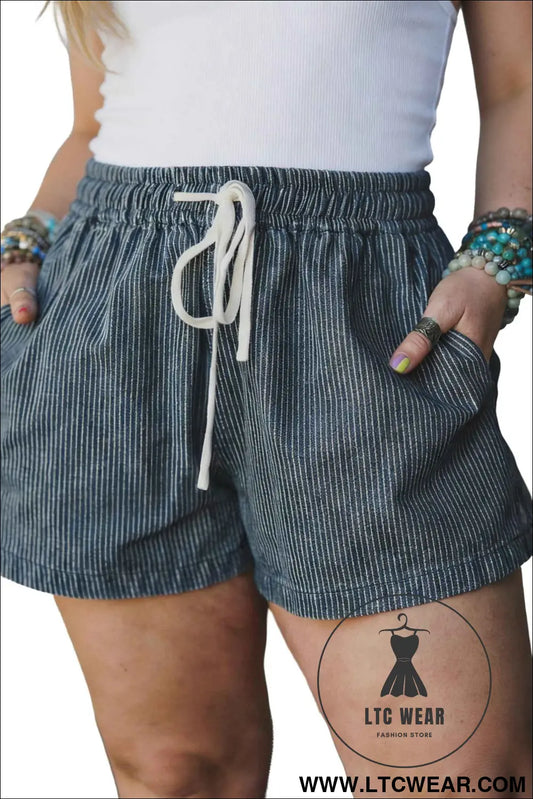 Blue Stripe Plus Size Contrast Drawstring Elastic Waist Denim Shorts