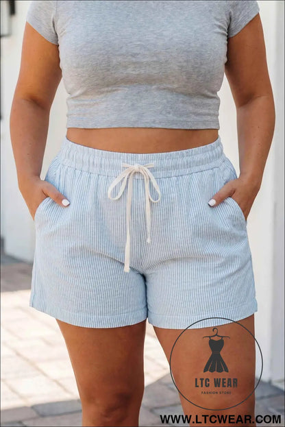 Blue Stripe Plus Size Contrast Drawstring Elastic Waist Denim Shorts