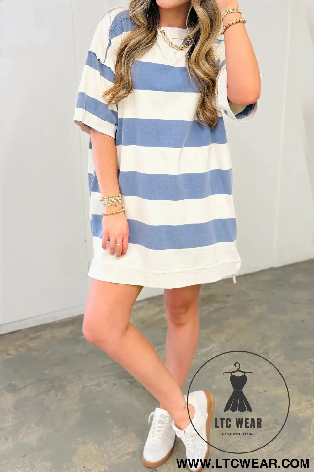 Blue stripe raw seam shoulder detail casual tee dress - t shirt dresses