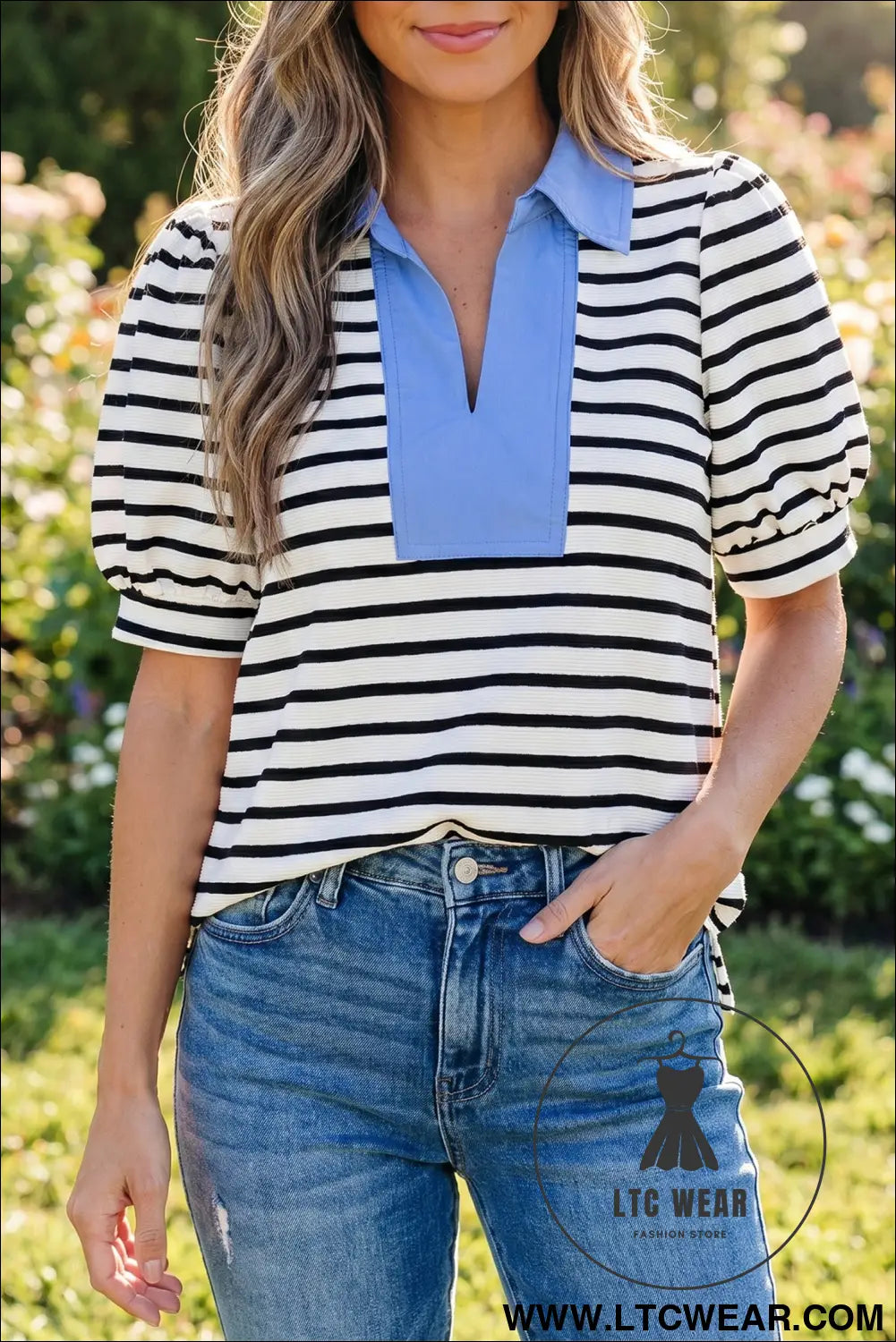 Blue Stripe Short Puff Sleeve Color Block Polo Collar Blouse - L.T.C Wear Online Fashion Store