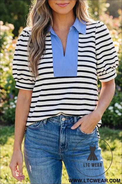 Blue Stripe Short Puff Sleeve Color Block Polo Collar Blouse - L.T.C Wear Online Fashion Store