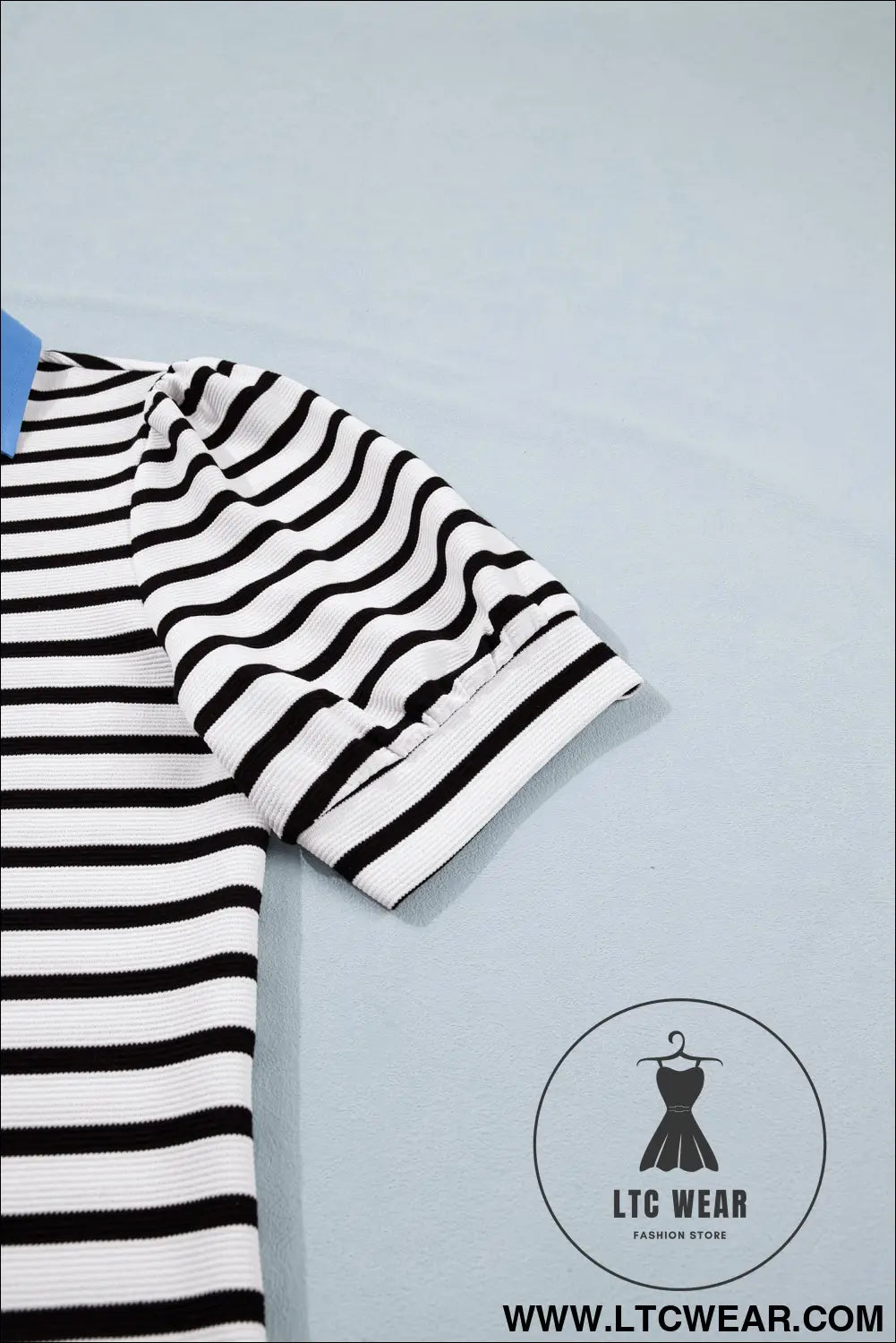 Blue Stripe Short Puff Sleeve Color Block Polo Collar Blouse - L.T.C Wear Online Fashion Store