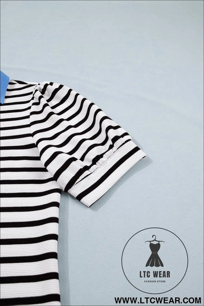 Blue Stripe Short Puff Sleeve Color Block Polo Collar Blouse - L.T.C Wear Online Fashion Store