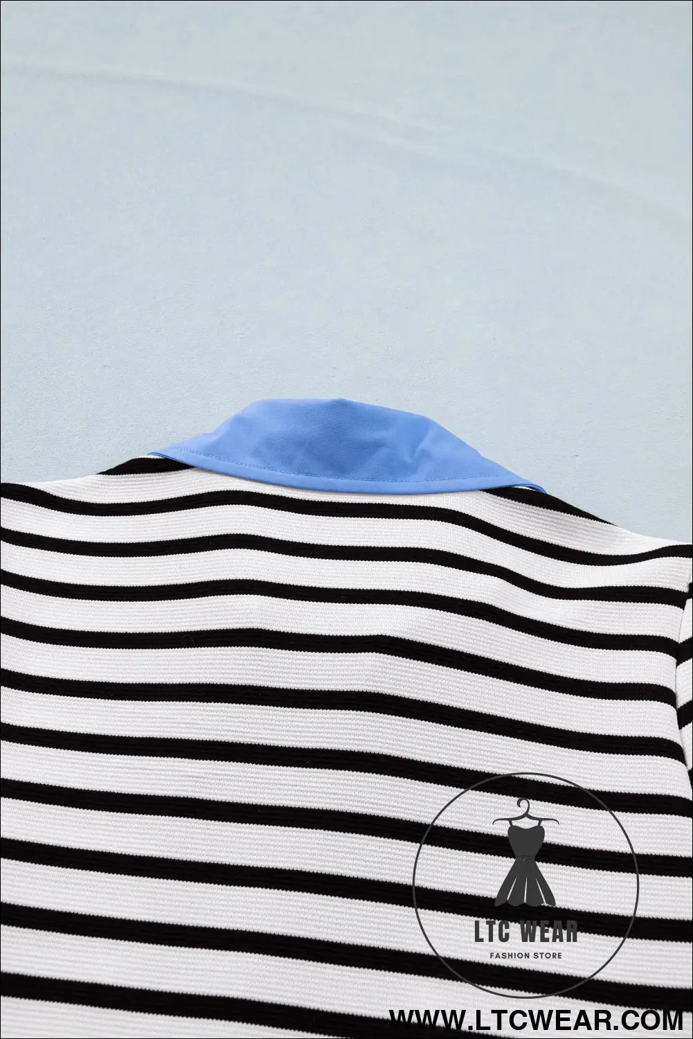Blue Stripe Short Puff Sleeve Color Block Polo Collar Blouse - L.T.C Wear Online Fashion Store