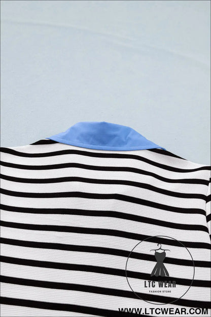 Blue Stripe Short Puff Sleeve Color Block Polo Collar Blouse - L.T.C Wear Online Fashion Store