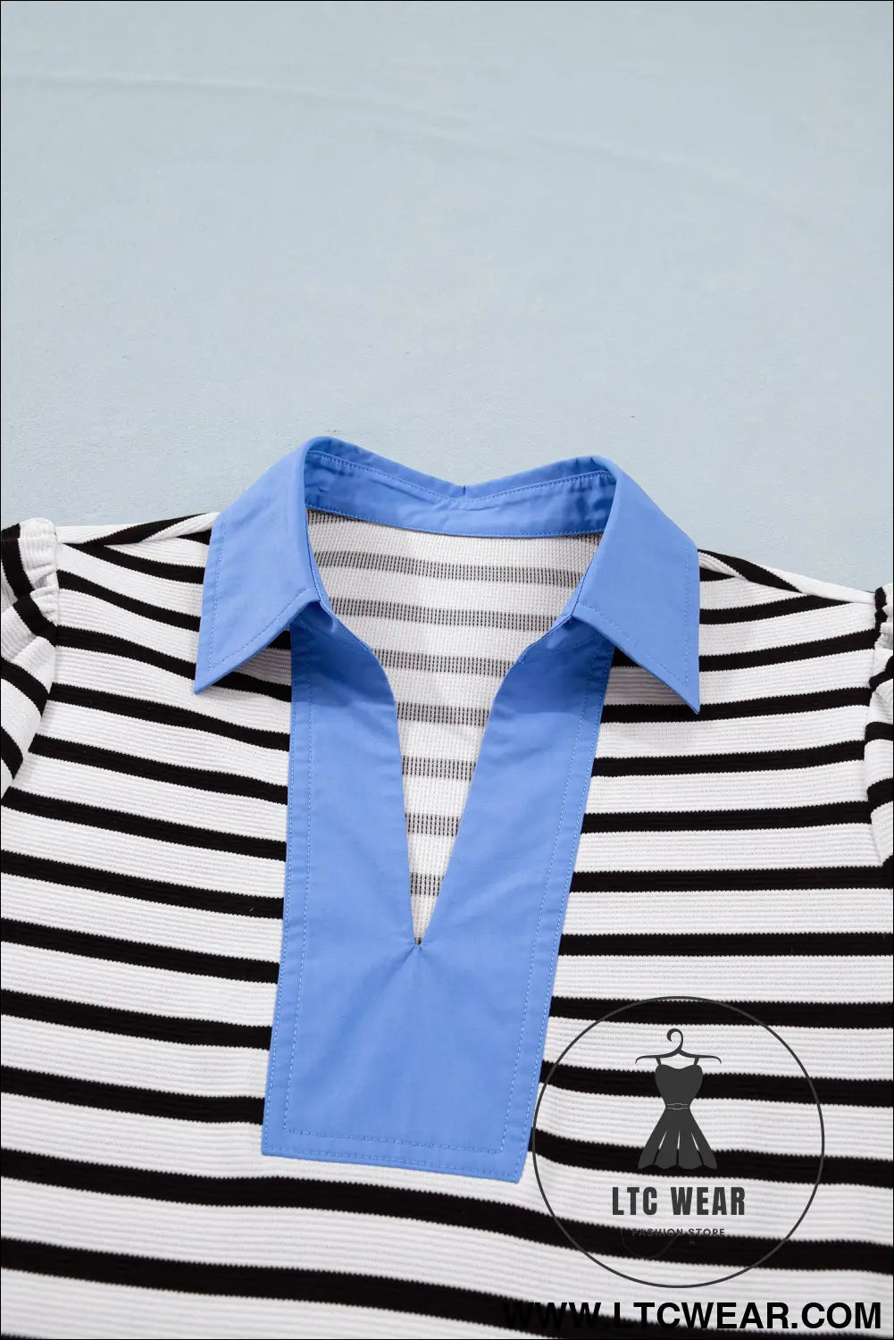 Blue Stripe Short Puff Sleeve Color Block Polo Collar Blouse - L.T.C Wear Online Fashion Store